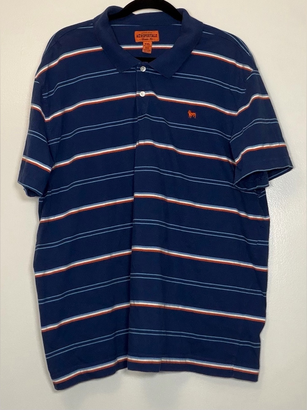 Y2K Aeropostale Men’s Navy Polo with White and Orange Stripes